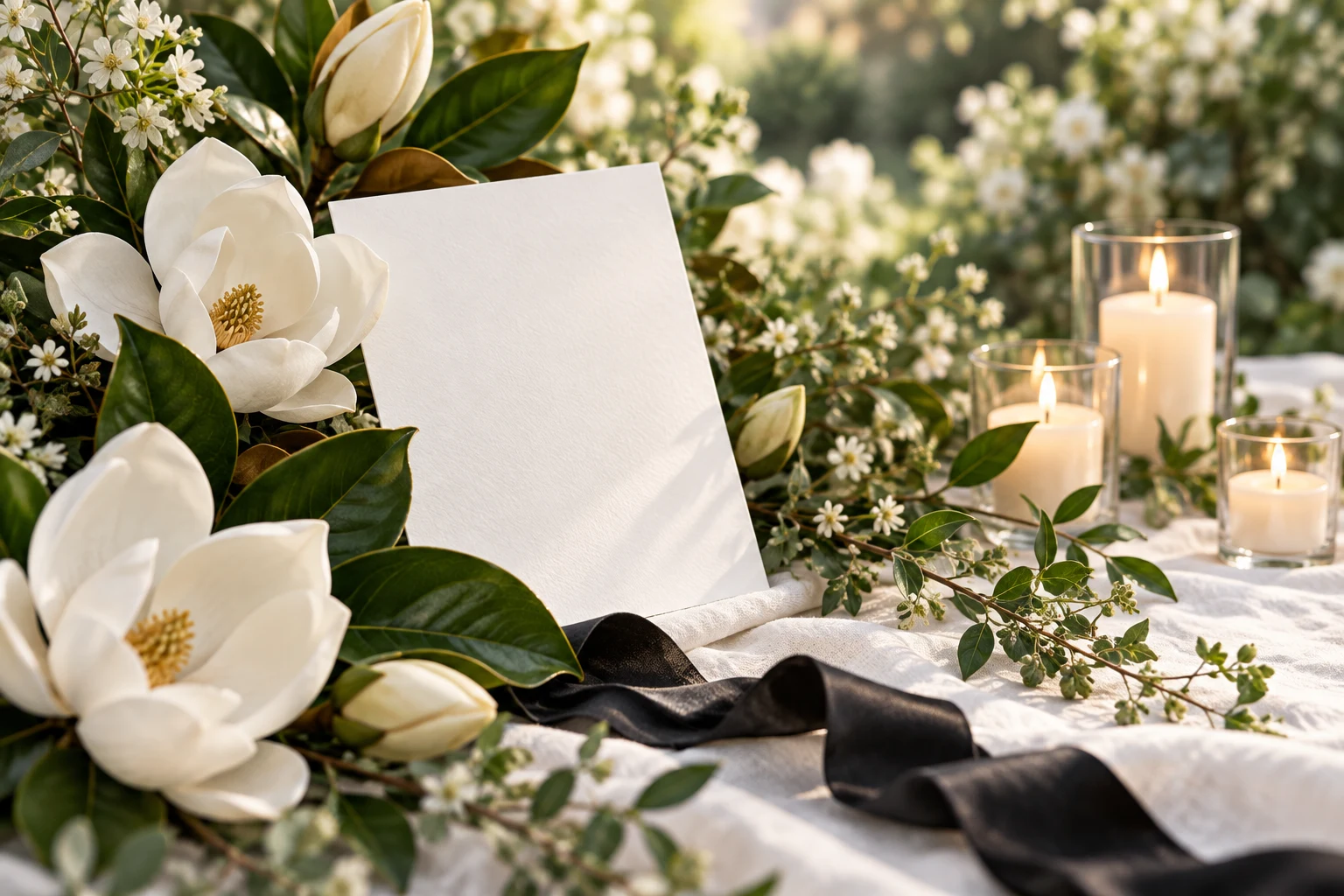 White magnolias, greenery and candlelight